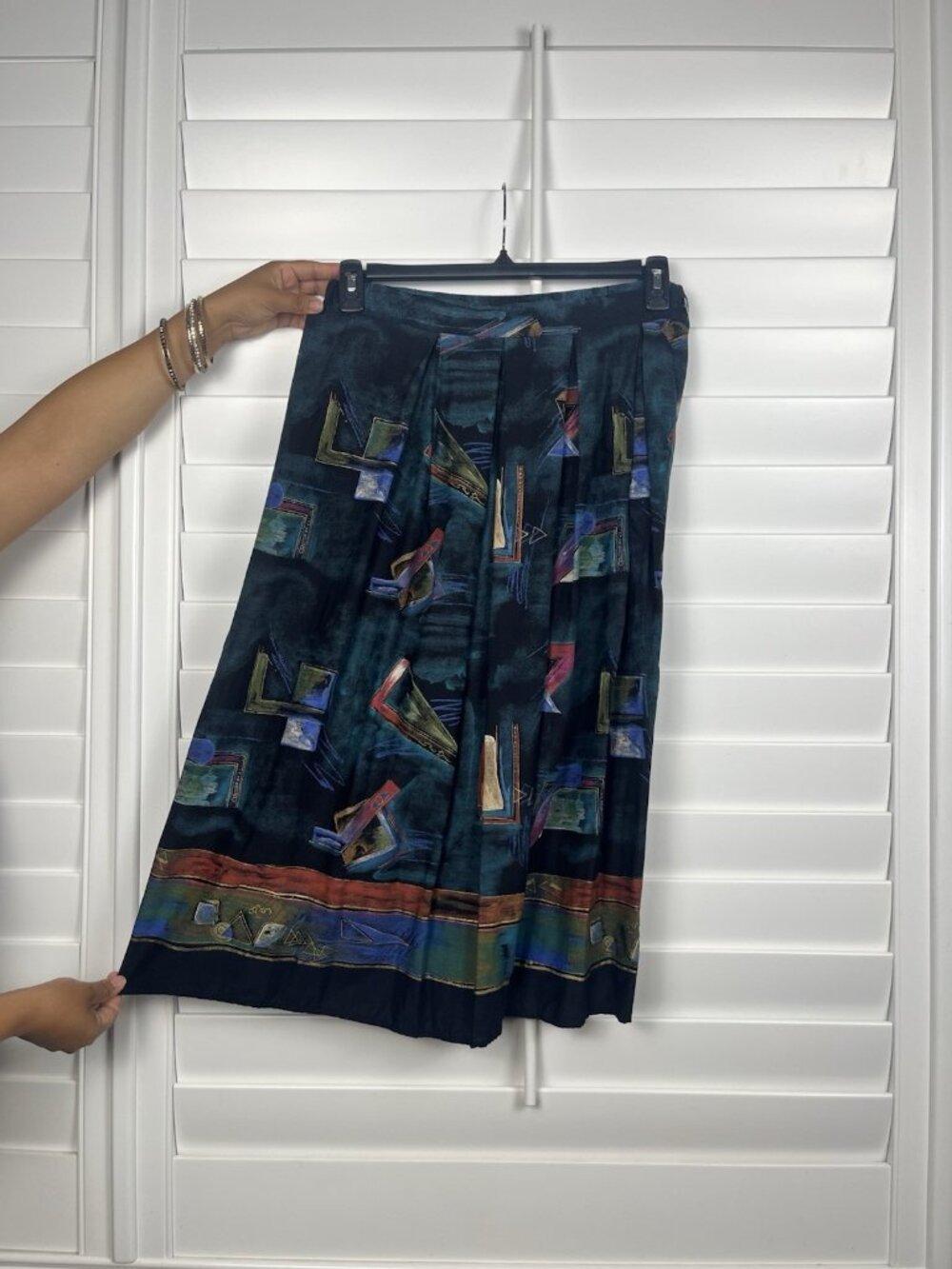 Vintage Kensington Square Abstract Geometric Midi Skirt Small Teal Rayon Pleated
